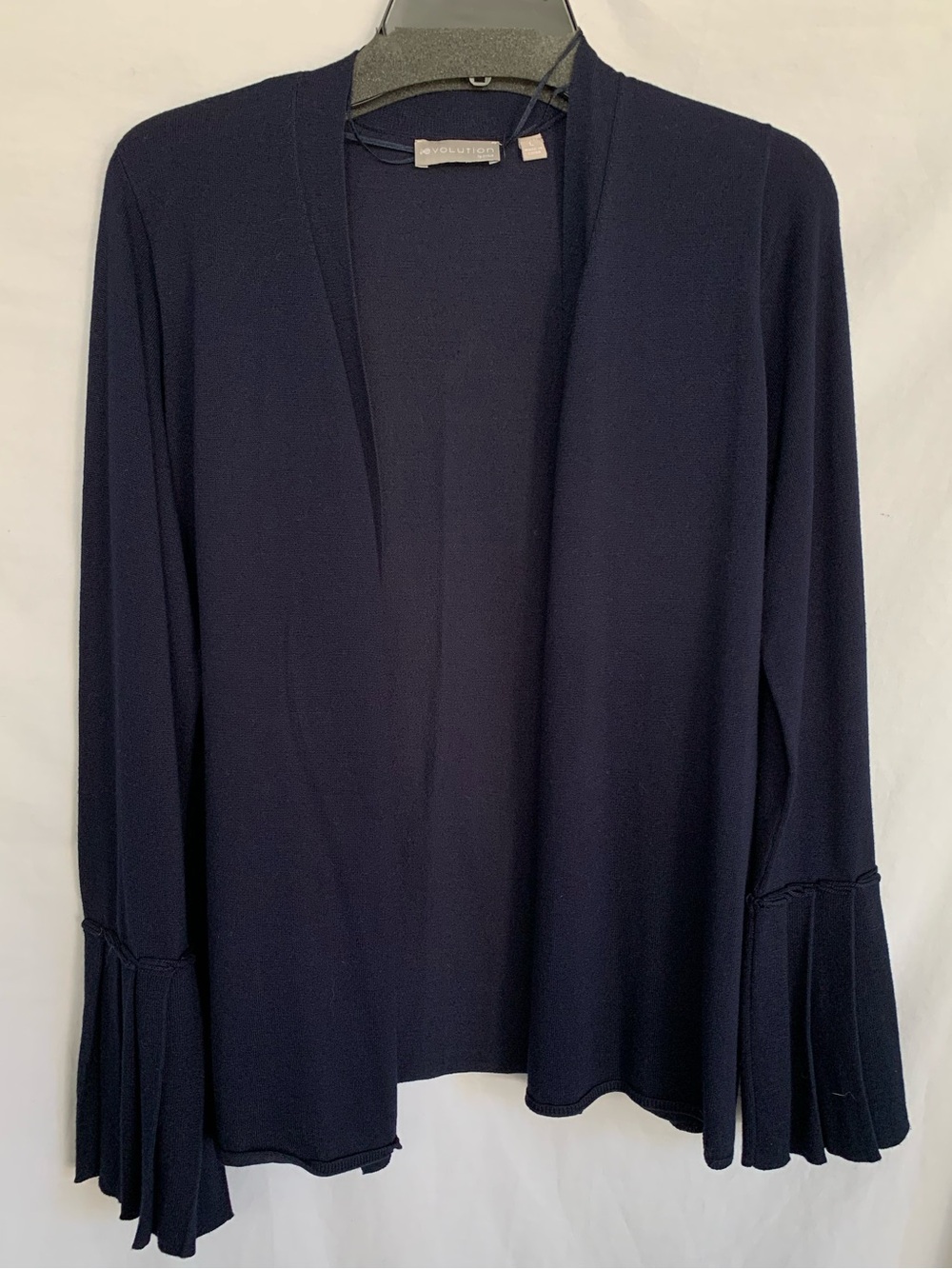 Evolution by Cyrus Open-Front Navy Cardigan with Pleated Bell Sleeves